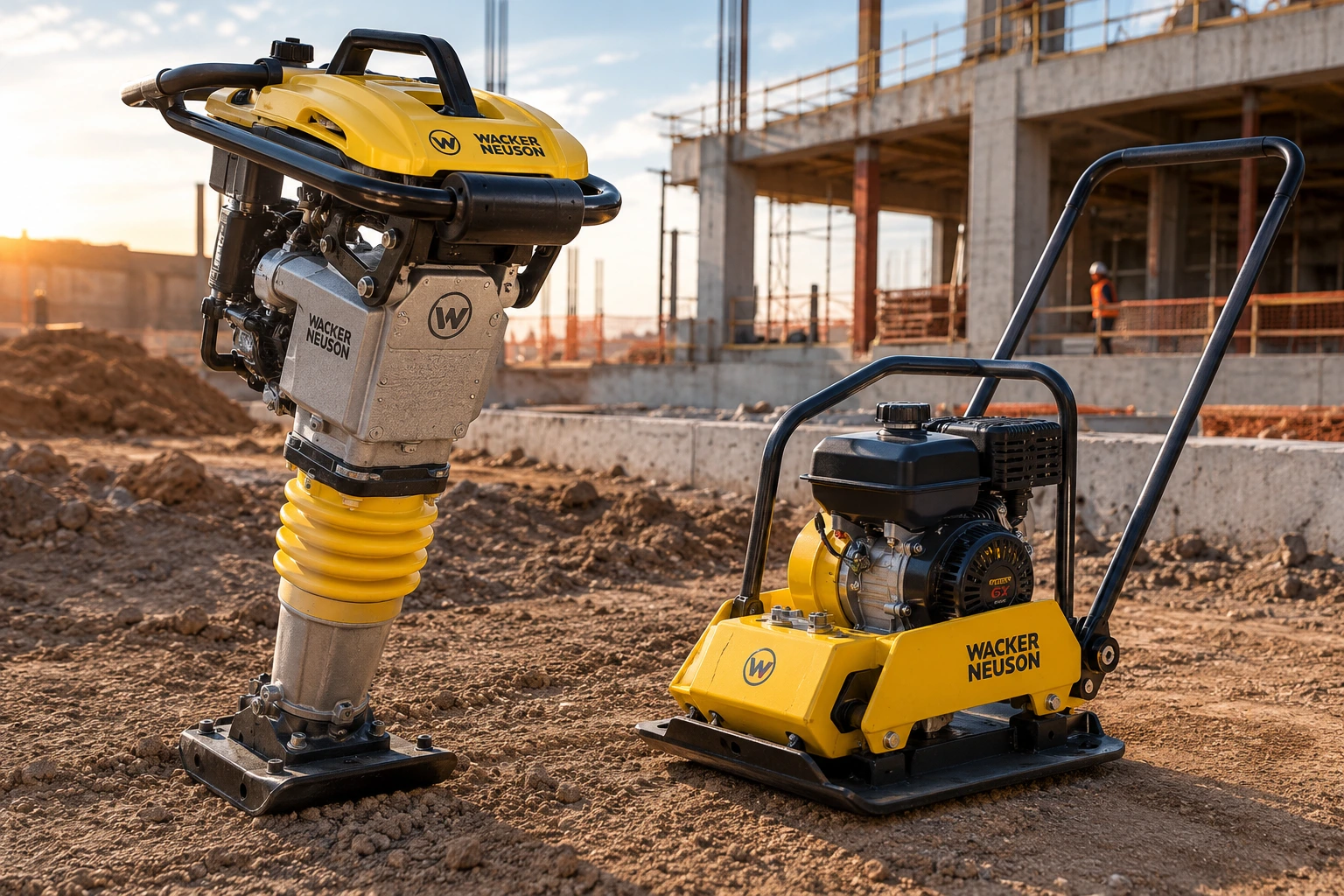 Compactador de percussão e placa vibratória Wacker Neuson em canteiro de obras