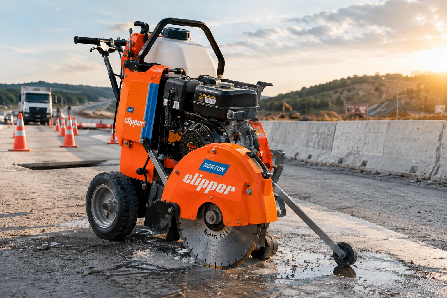 Cortadora de concreto a gasolina tipo Clipper cortando pista de concreto